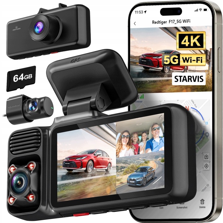 Automobilová kamera Redtiger 3-kanálová 4K/1080P s GPS a WiFi