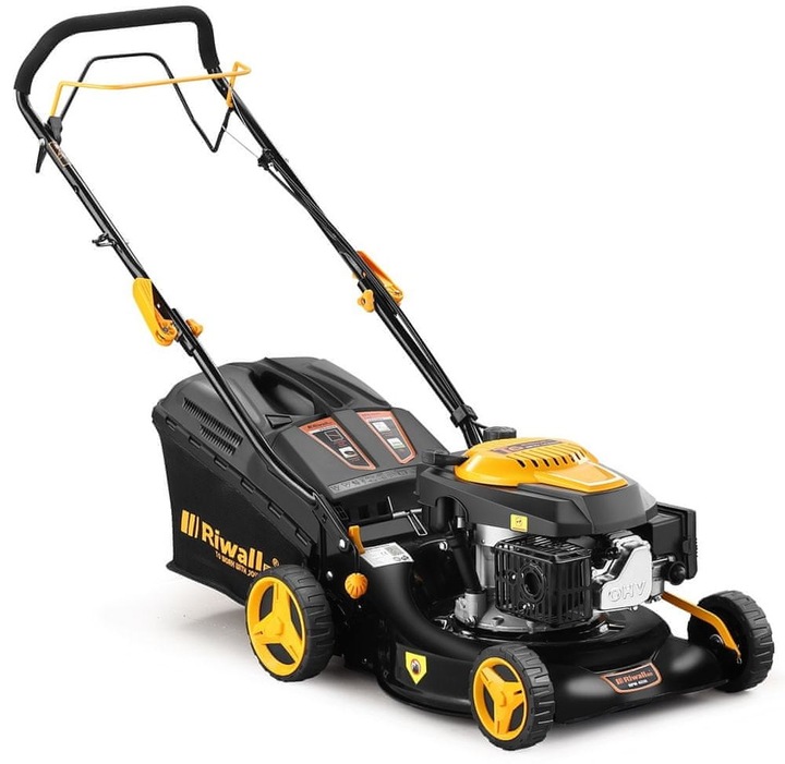 Benzínová sekačka Riwall 146 cm³ objem sběrného koše 45 l šířka sečení 1 cm Benzínová sekačka Riwall 146 cm³ objem sběrného koše 45 l šířka sečení 1 cm