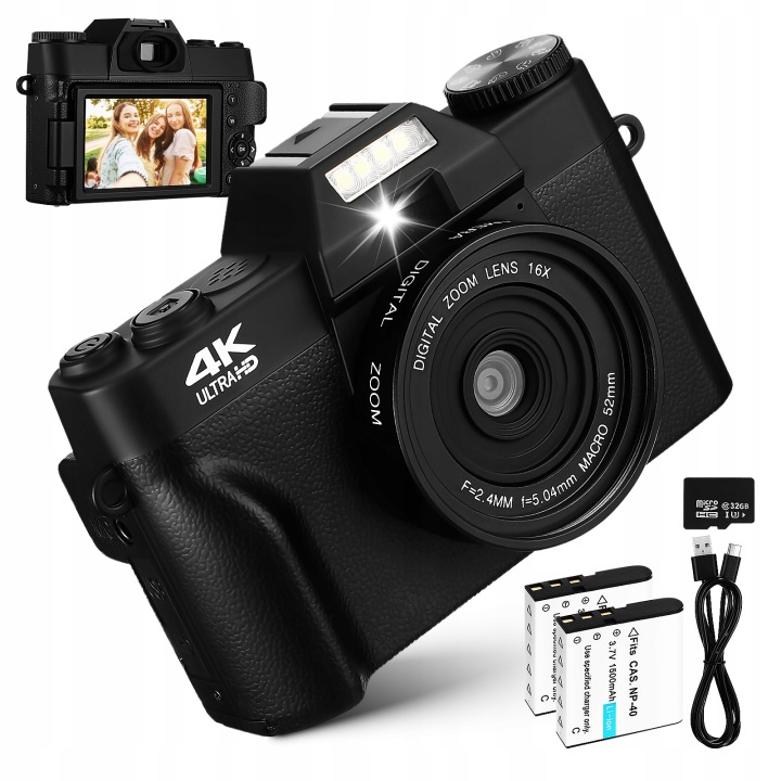 Digitální fotoaparát 76 MP černý se 16x zoomem a 4K videem s 32GB kartou