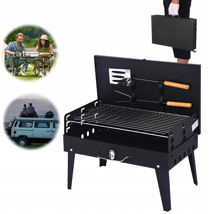 TURISTICKÝ ZAHRADNÍ GRIL PŘENOSNÝ SKLÁDACÍ BBQ KUFR + PŘÍSLUŠENSTVÍ