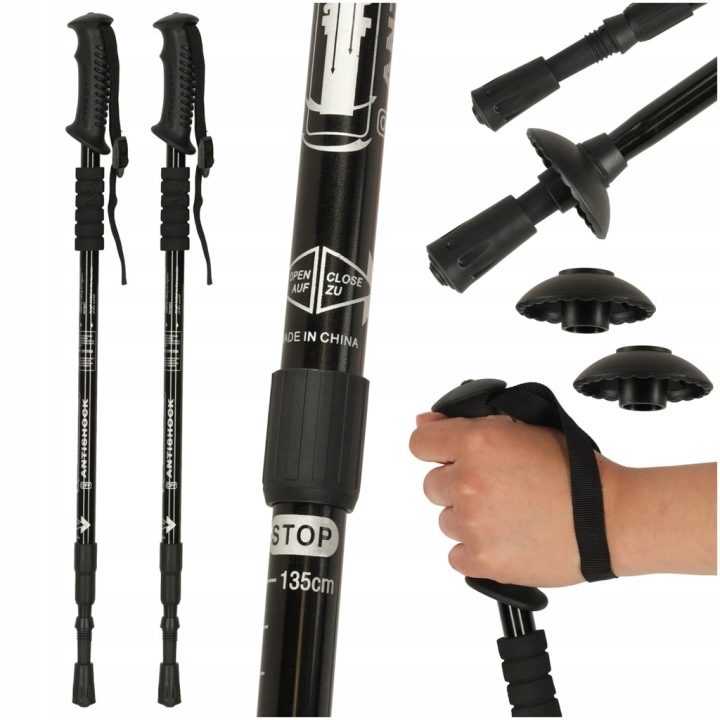 Trekkingové hole pro nordic walking, skládací, nastavitelné, 2 ks, černé