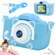 Verk Multifunkční digitální fotoaparát pro děti 9 × 6 × 5 cm, modrý s kočičkou Verk Multifunkční digitální fotoaparát pro děti 9 × 6 × 5 cm, modrý s kočičkou